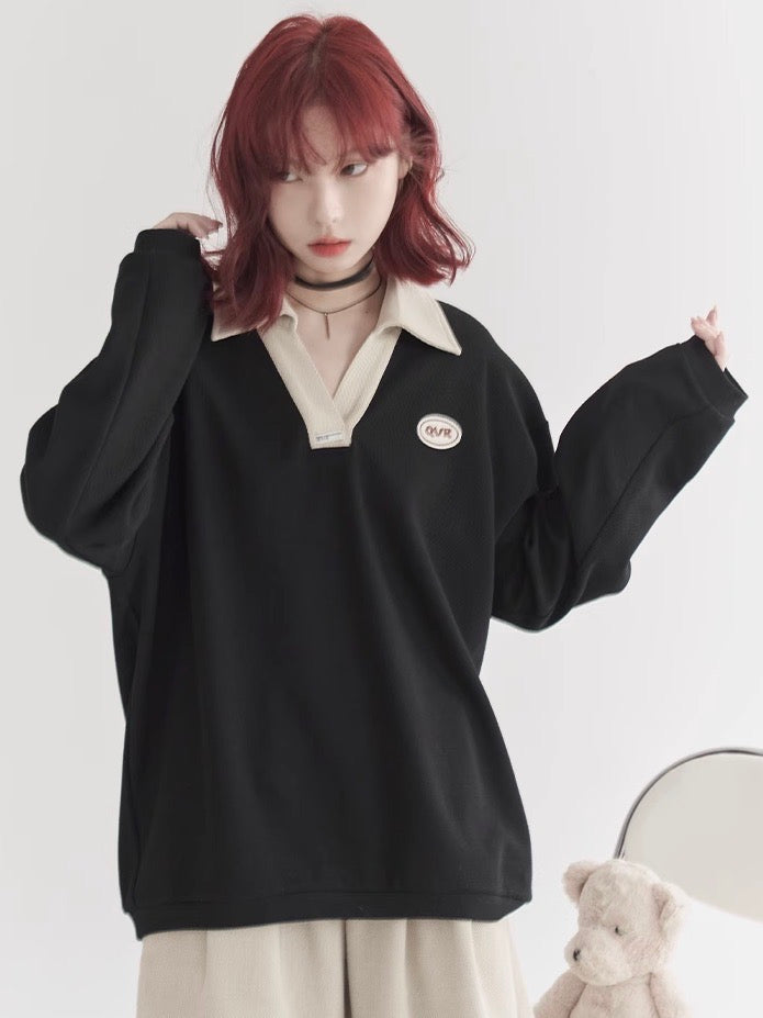 nu29 V-neck slit collar sweatshirt