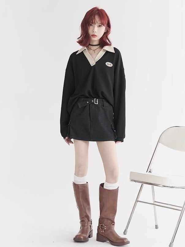 nu29 V-neck slit collar sweatshirt