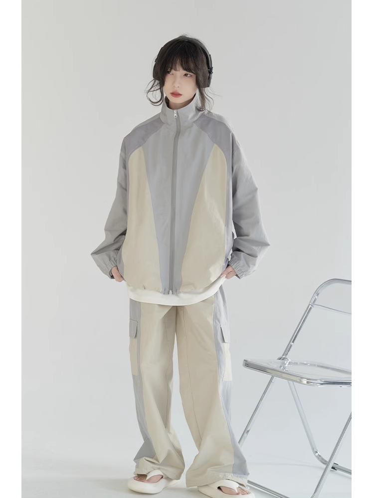 nu21 Patchwork contrasting stand collar jacket