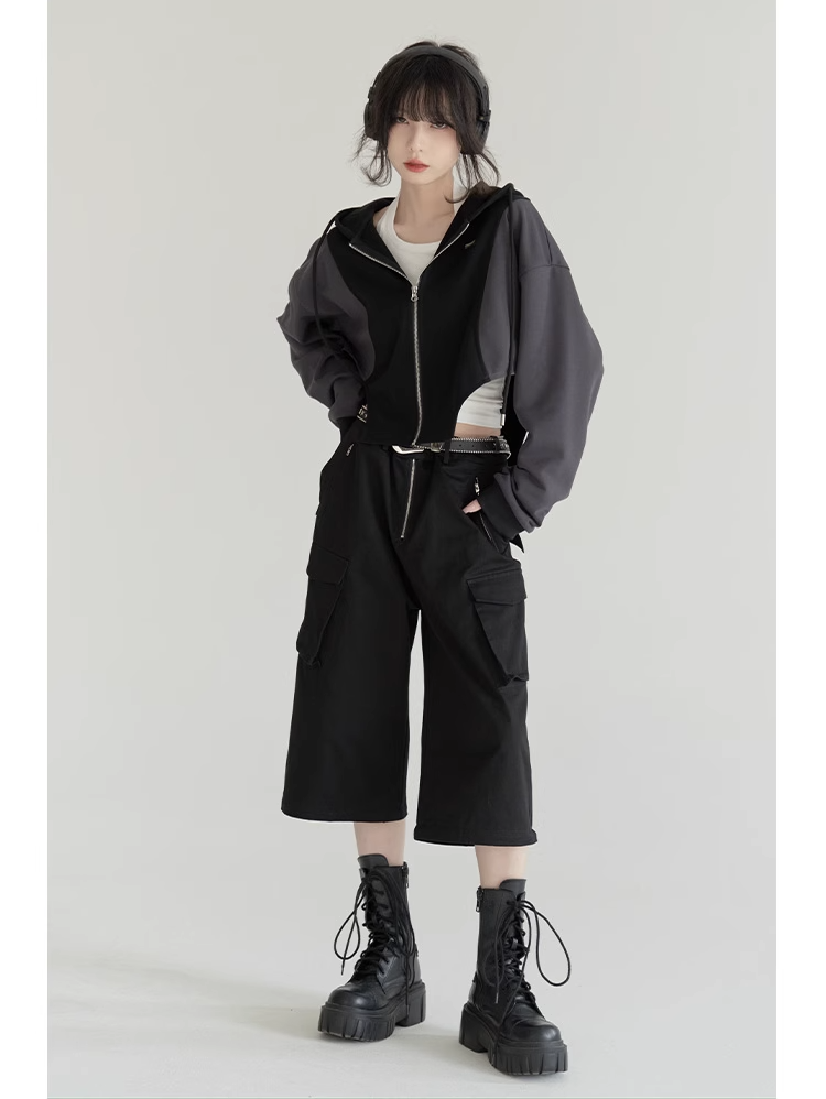 nu24 Patchwork Irregular Hem Line Hoodie