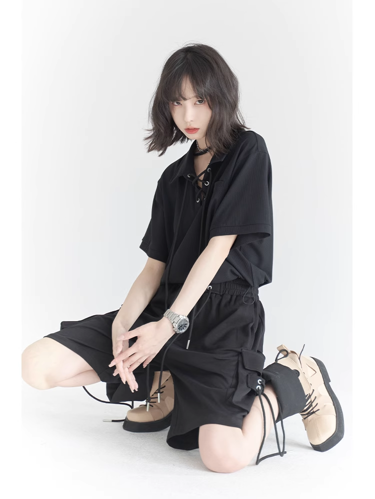 nu32 Lace-up POLO collar short sleeved T-shirt