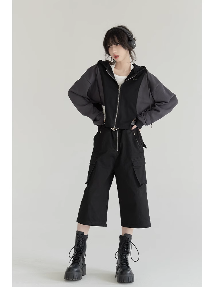nu24 Patchwork Irregular Hem Line Hoodie