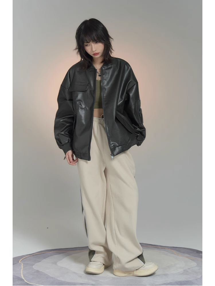 nu26 Baseball collar leather biker jacket