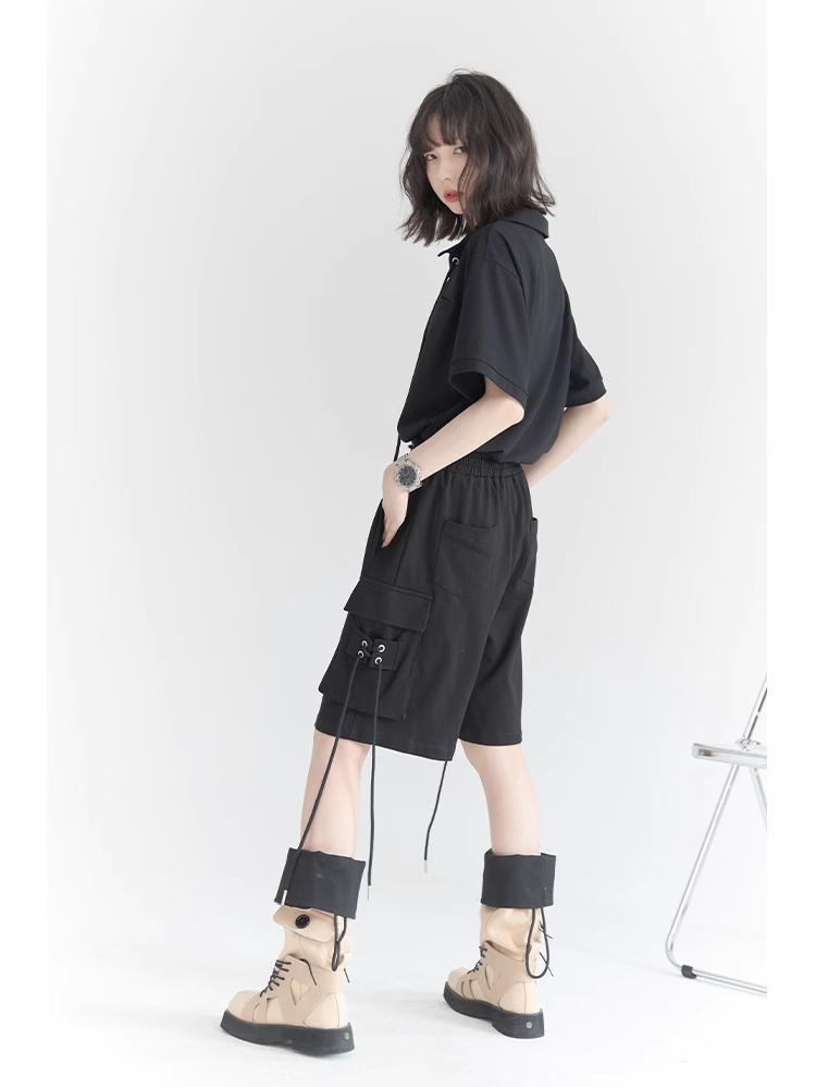 nu32 Lace-up POLO collar short sleeved T-shirt