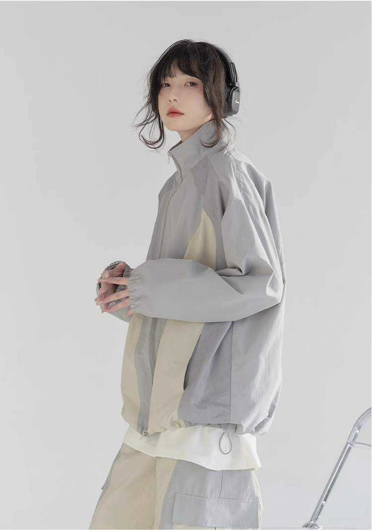 nu21 Patchwork contrasting stand collar jacket