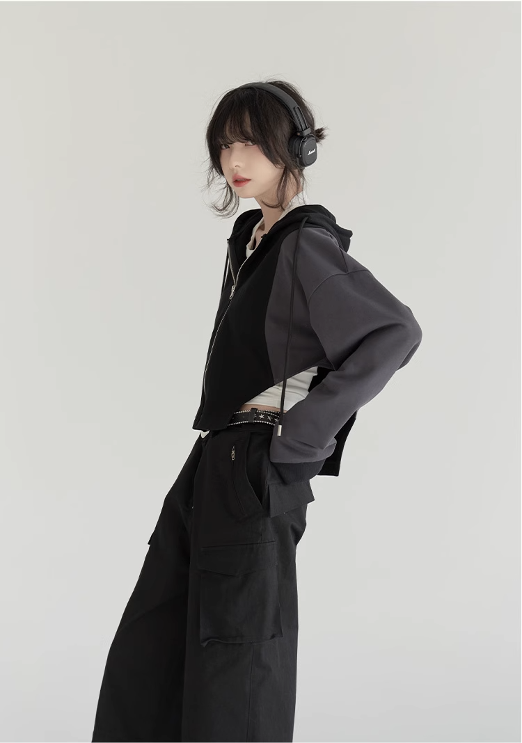 nu24 Patchwork Irregular Hem Line Hoodie