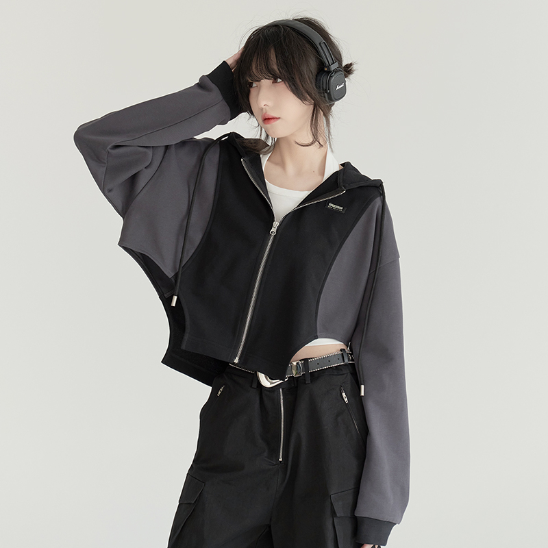 nu24 Patchwork Irregular Hem Line Hoodie