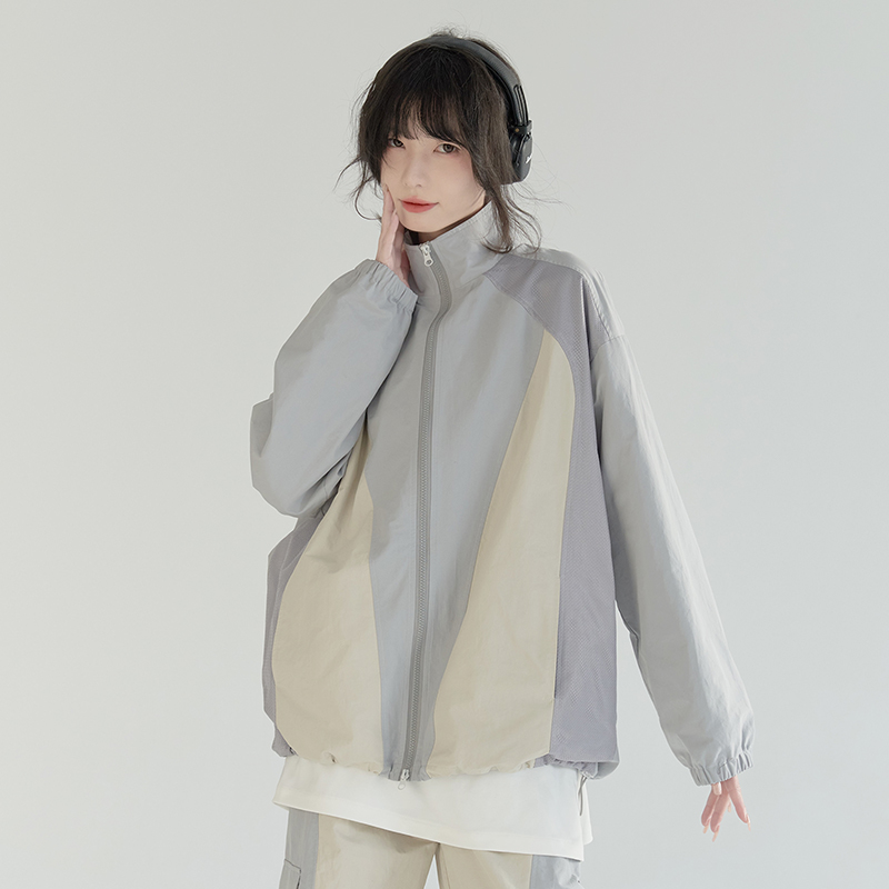 nu21 Patchwork contrasting stand collar jacket