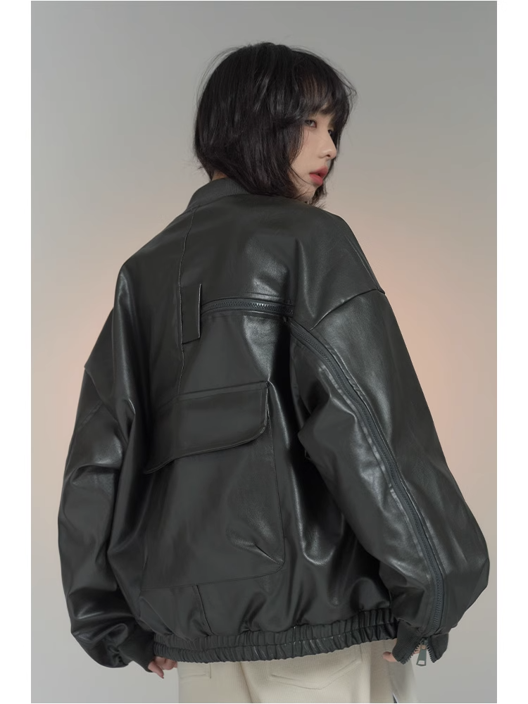 nu26 Baseball collar leather biker jacket