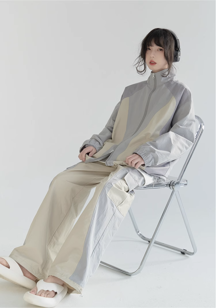 nu21 Patchwork contrasting stand collar jacket