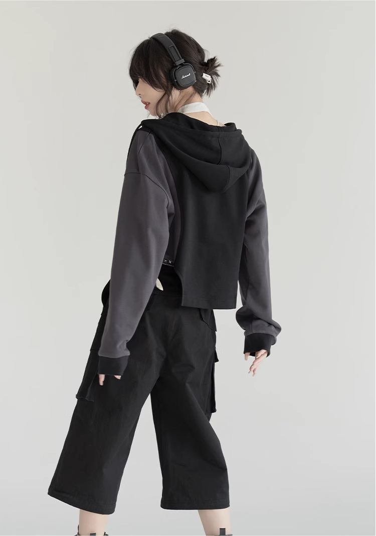 nu24 Patchwork Irregular Hem Line Hoodie