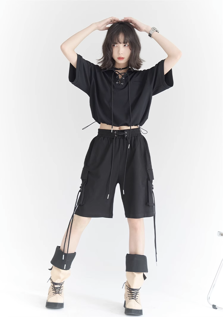 nu32 Lace-up POLO collar short sleeved T-shirt