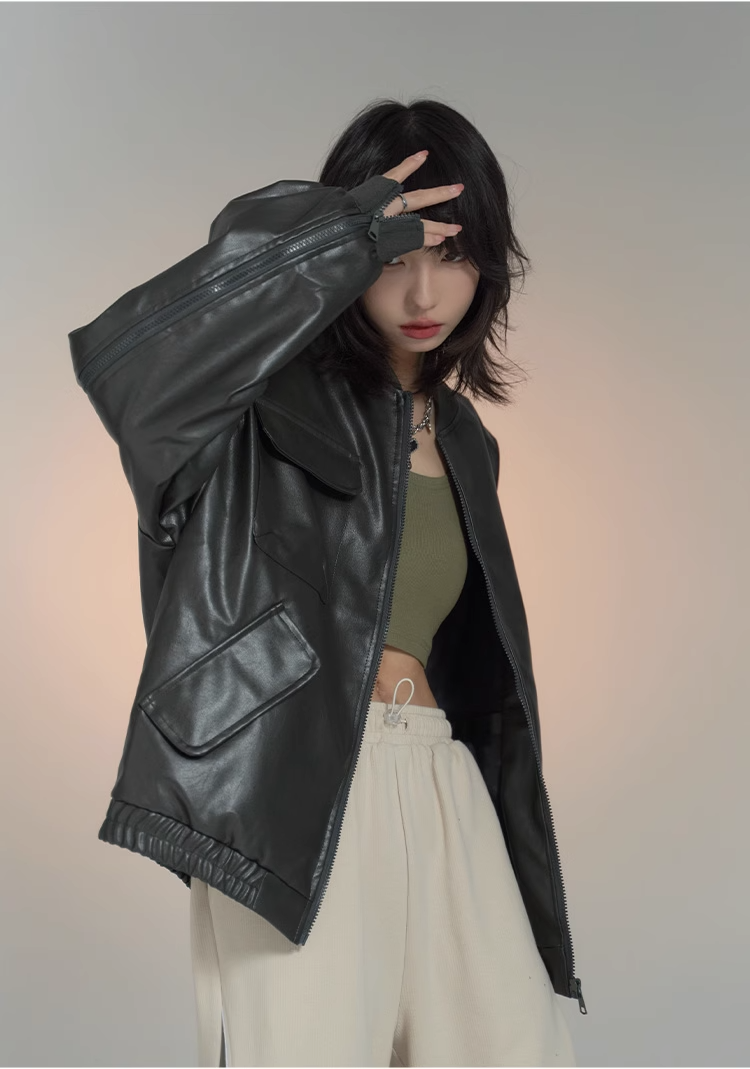 nu26 Baseball collar leather biker jacket