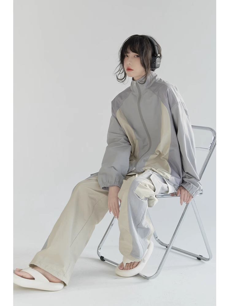nu21 Patchwork contrasting stand collar jacket