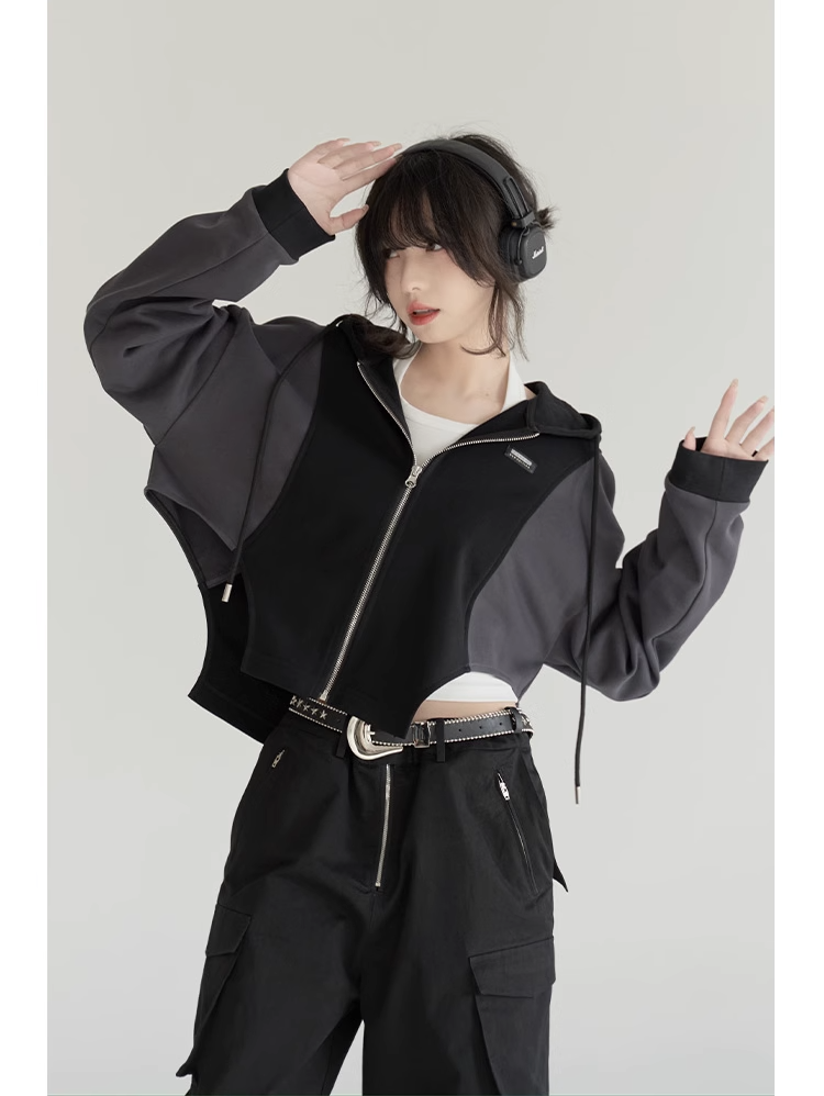 nu24 Patchwork Irregular Hem Line Hoodie