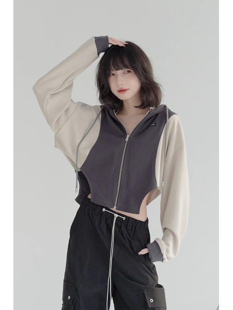 nu24 Patchwork Irregular Hem Line Hoodie
