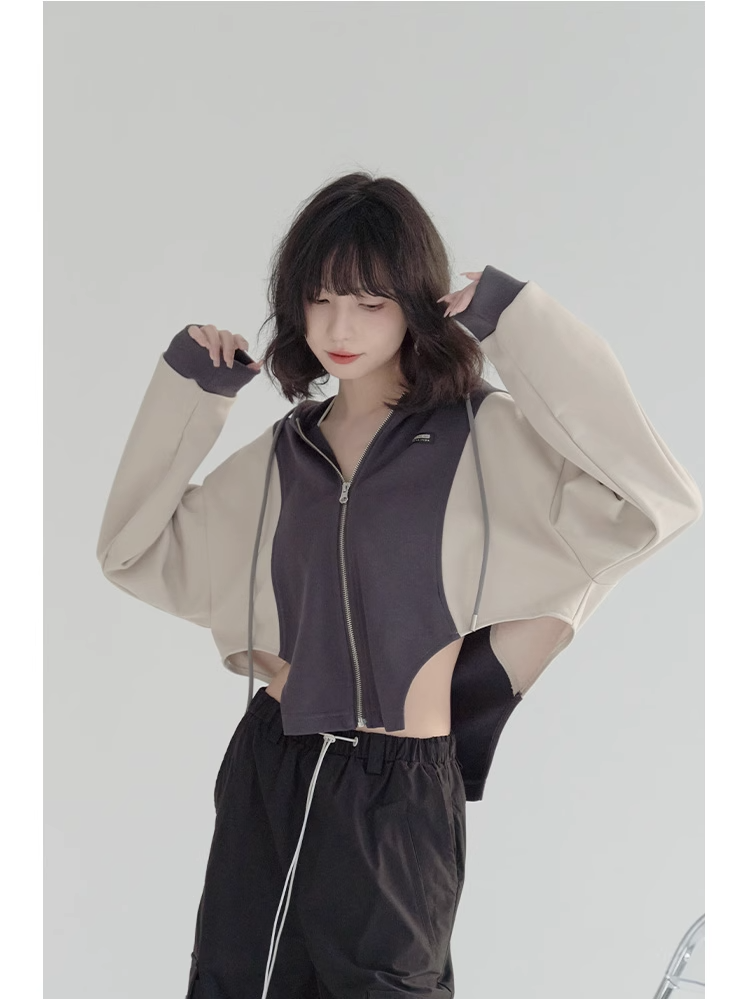 nu24 Patchwork Irregular Hem Line Hoodie