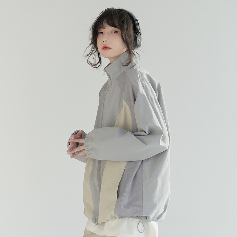 nu21 Patchwork contrasting stand collar jacket