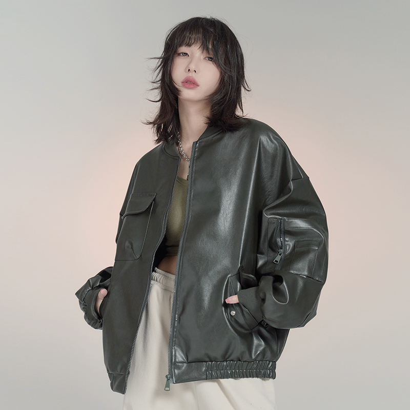 nu26 Baseball collar leather biker jacket