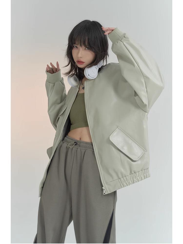 nu26 Baseball collar leather biker jacket