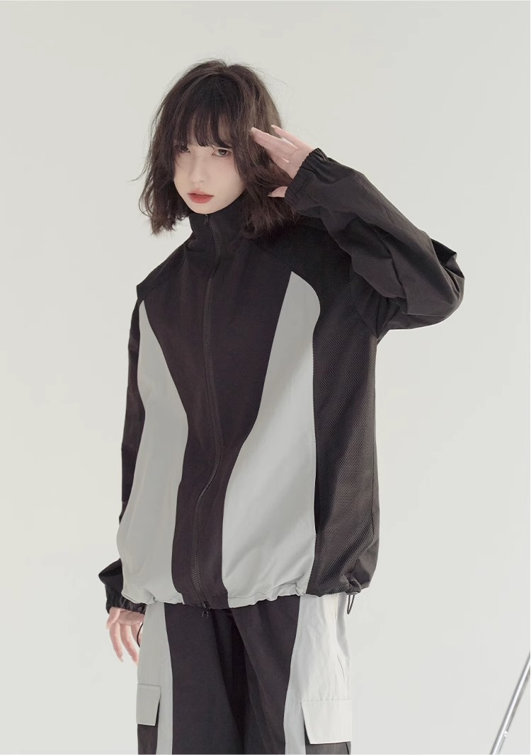 nu21 Patchwork contrasting stand collar jacket