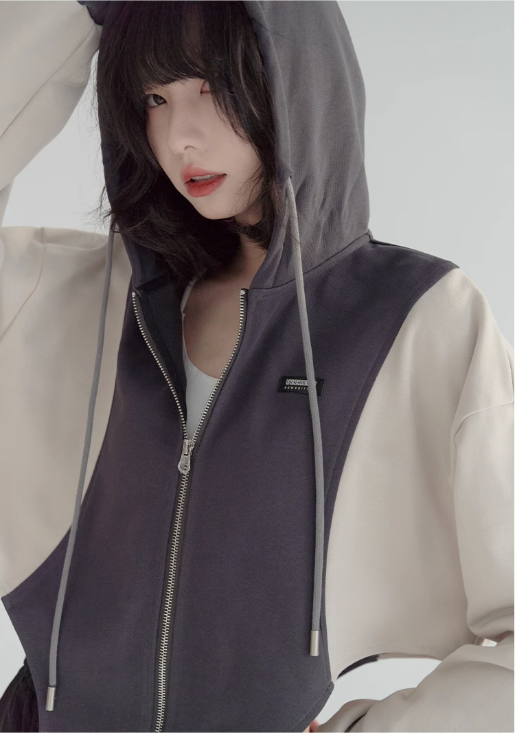 nu24 Patchwork Irregular Hem Line Hoodie