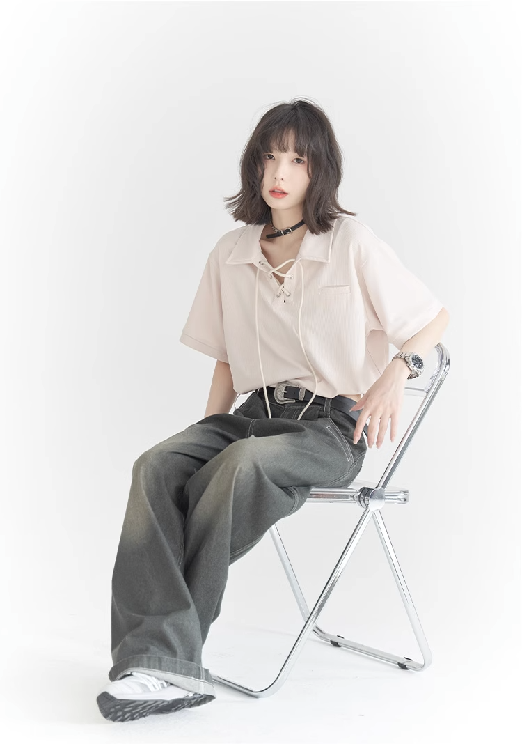 nu32 Lace-up POLO collar short sleeved T-shirt
