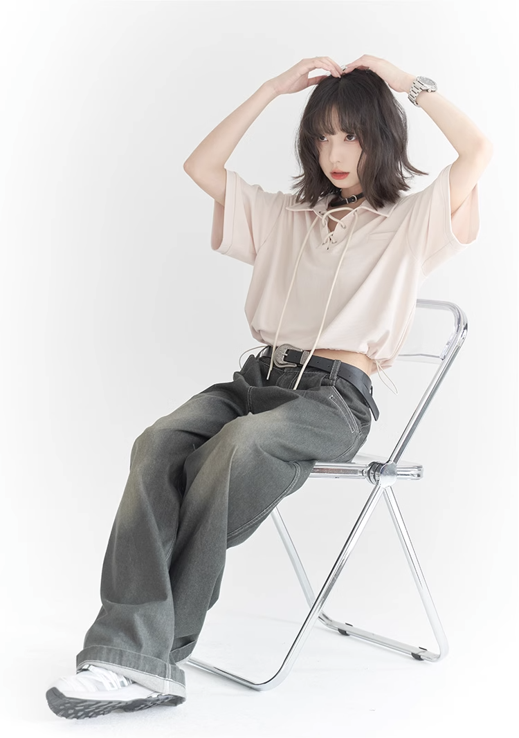 nu32 Lace-up POLO collar short sleeved T-shirt