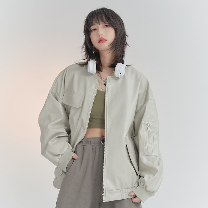 nu26 Baseball collar leather biker jacket