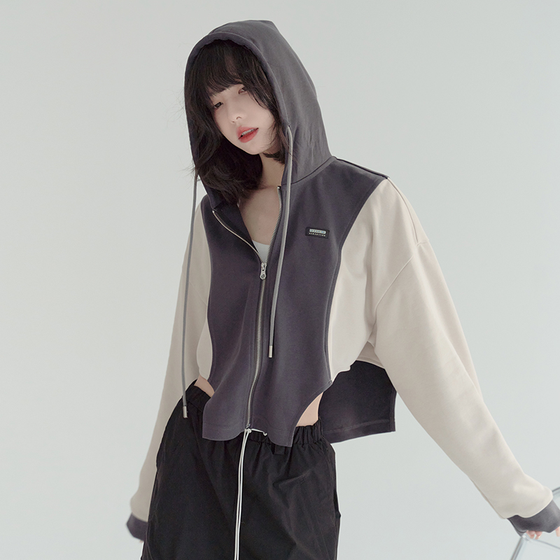 nu24 Patchwork Irregular Hem Line Hoodie