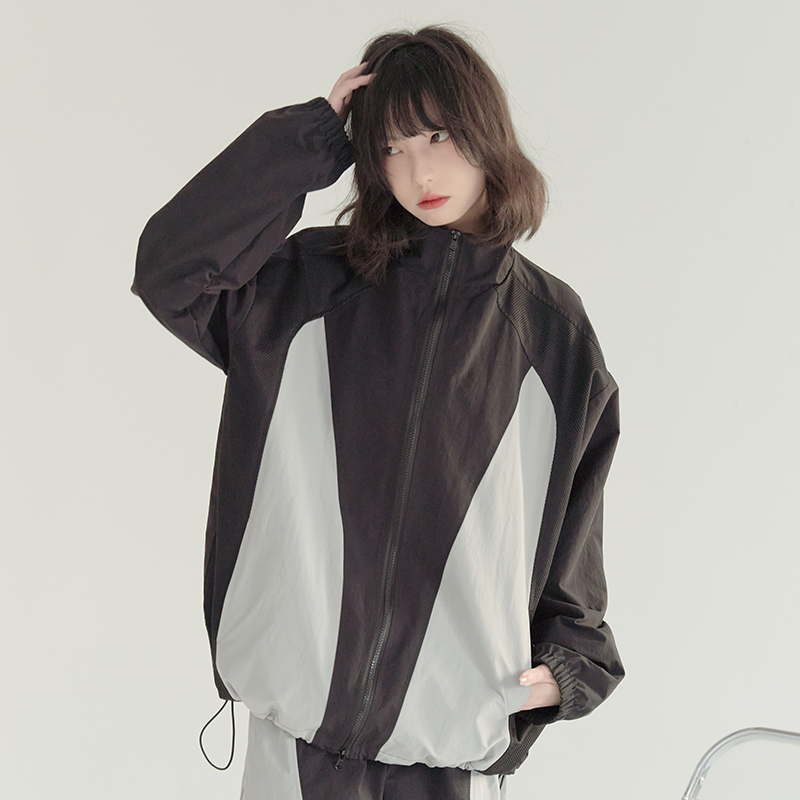 nu21 Patchwork contrasting stand collar jacket