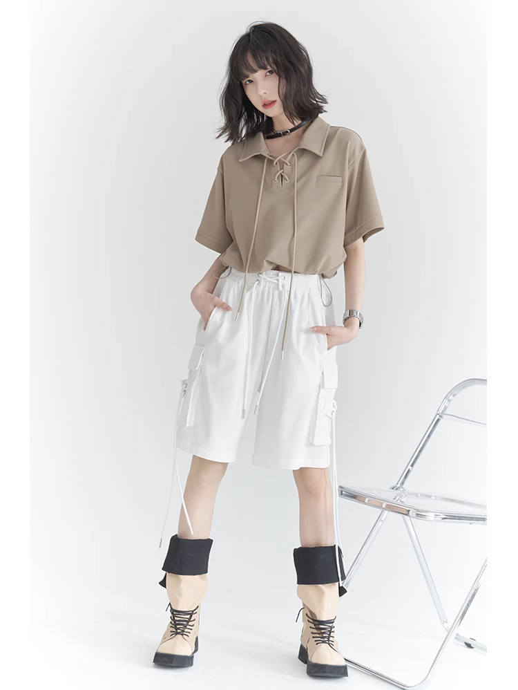 nu32 Lace-up POLO collar short sleeved T-shirt