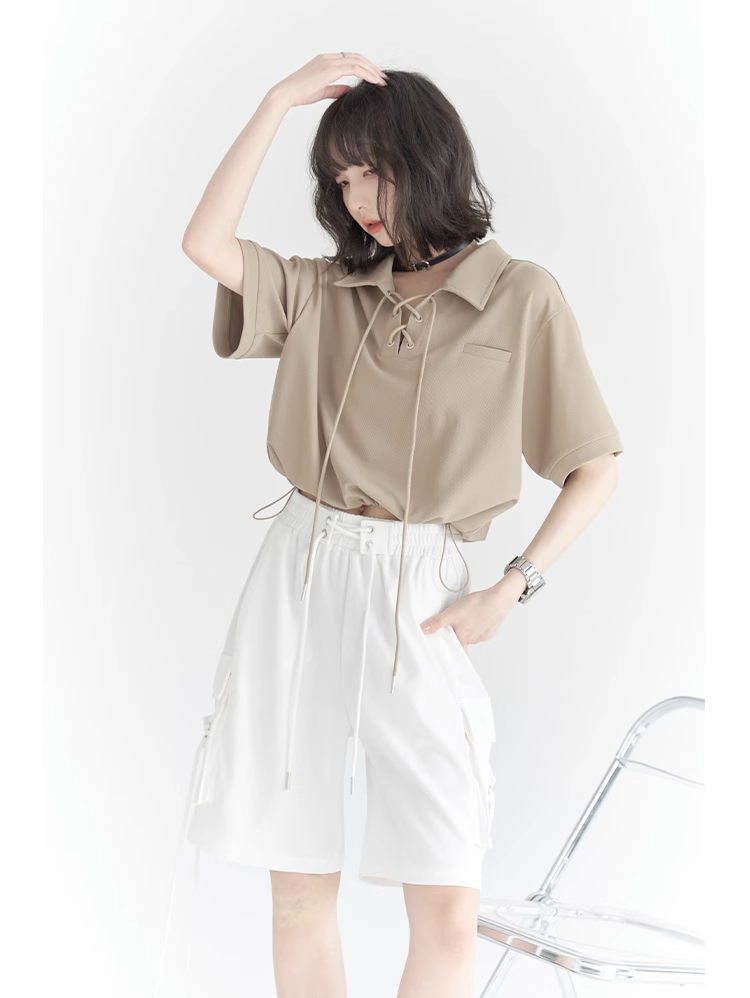 nu32 Lace-up POLO collar short sleeved T-shirt