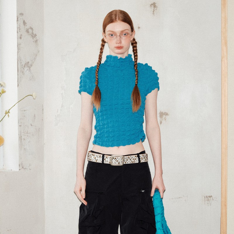 nu401 Bubble plaid stretch turtleneck T-shirt