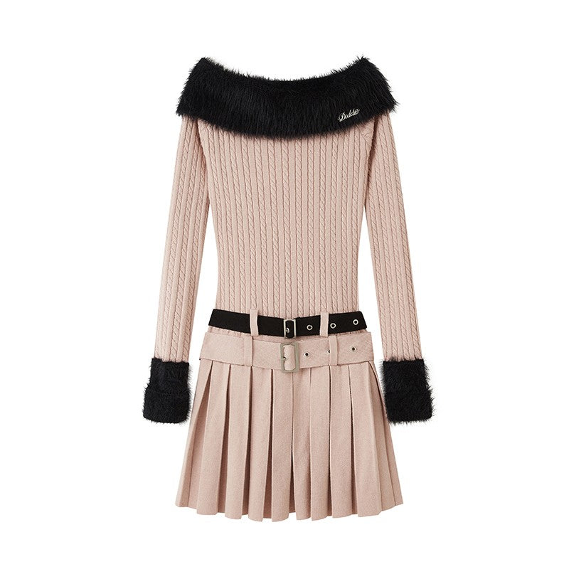 nu118 One-shoulder lapel sweater + double belt skirt