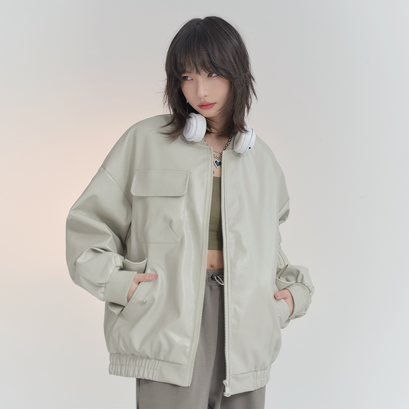 nu26 Baseball collar leather biker jacket