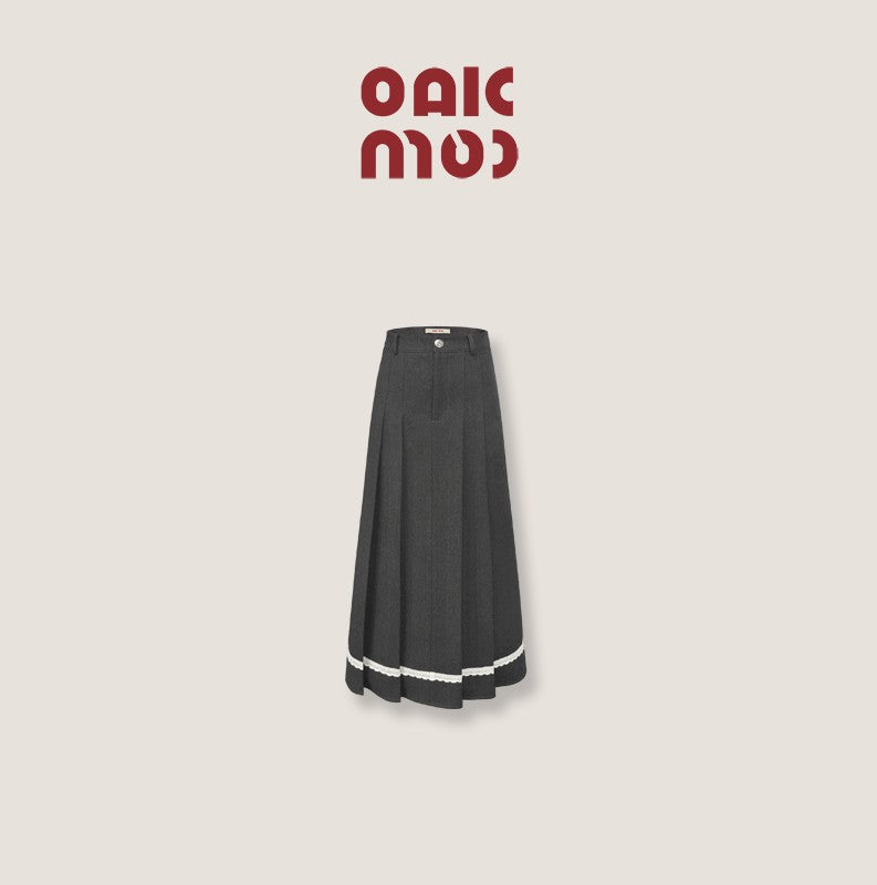 nu260 "Rose and Magnolia" dark grey pleated long skirt
