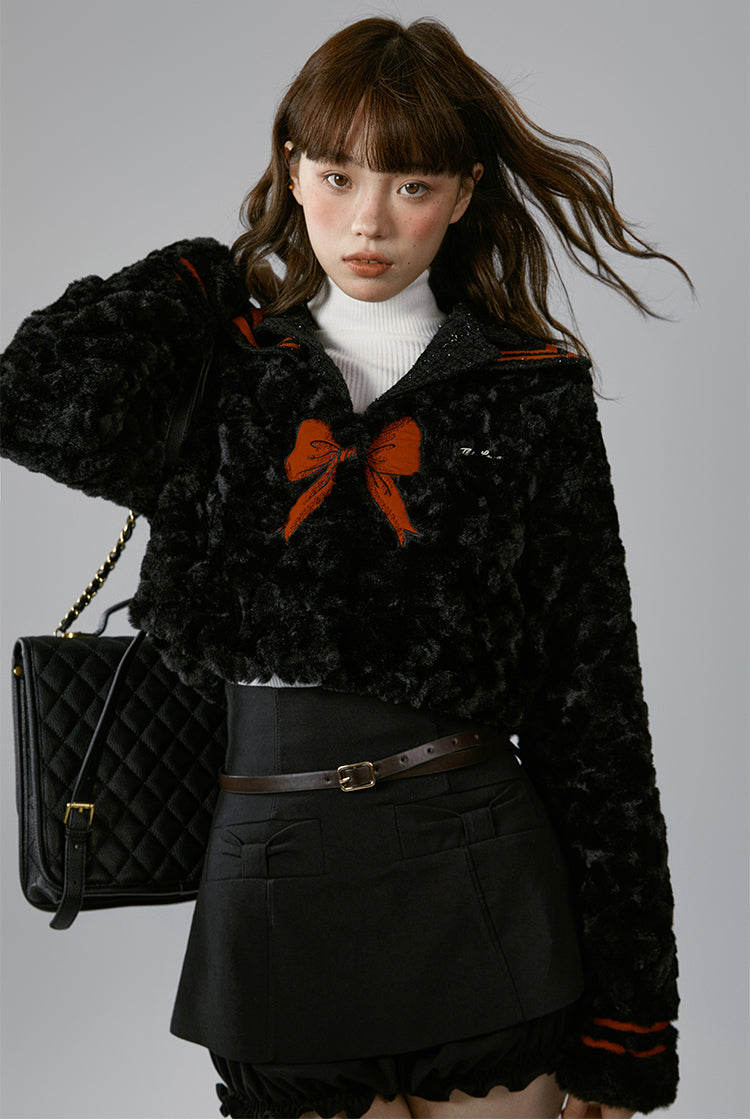 nu338 Black spliced fur lapel short jacket
