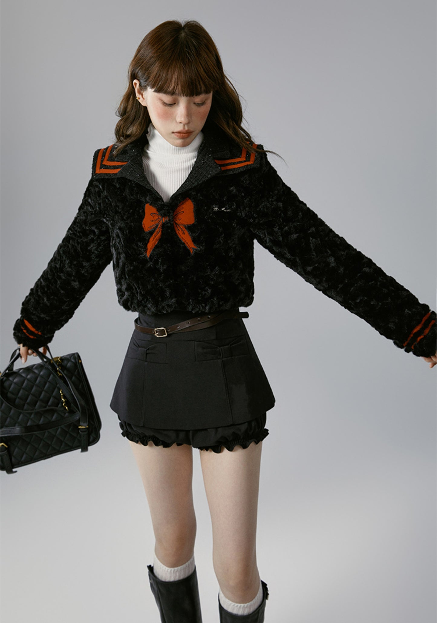 nu338 Black spliced fur lapel short jacket
