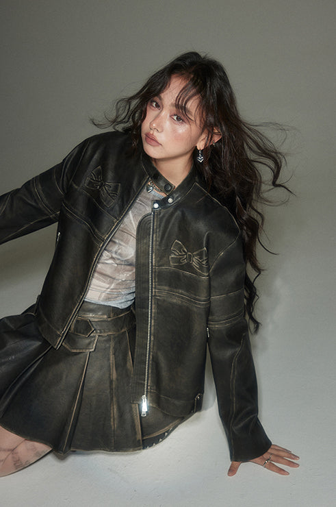 nu80 Bowknot Polished Leather Jacket