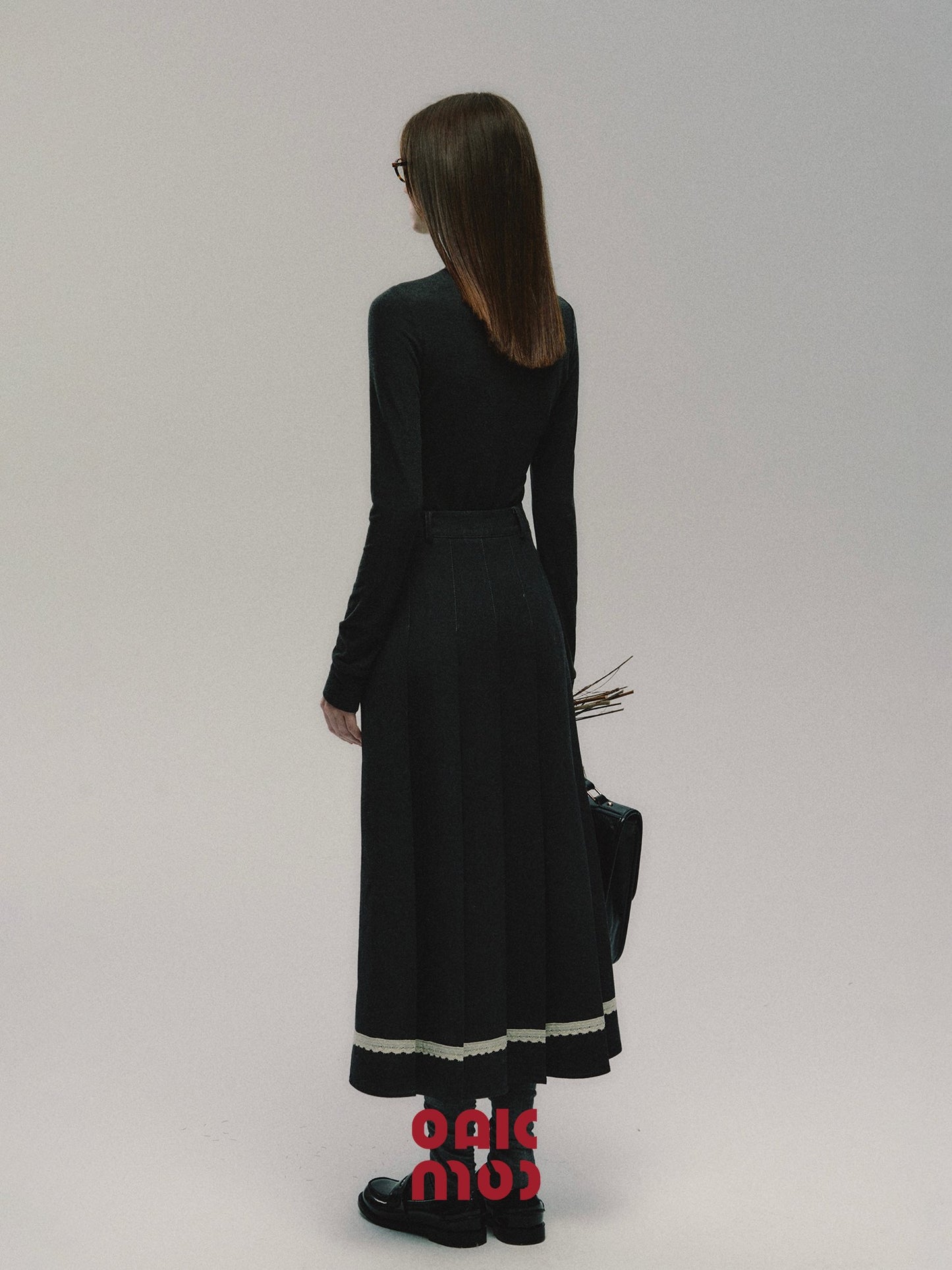 nu260 "Rose and Magnolia" dark grey pleated long skirt