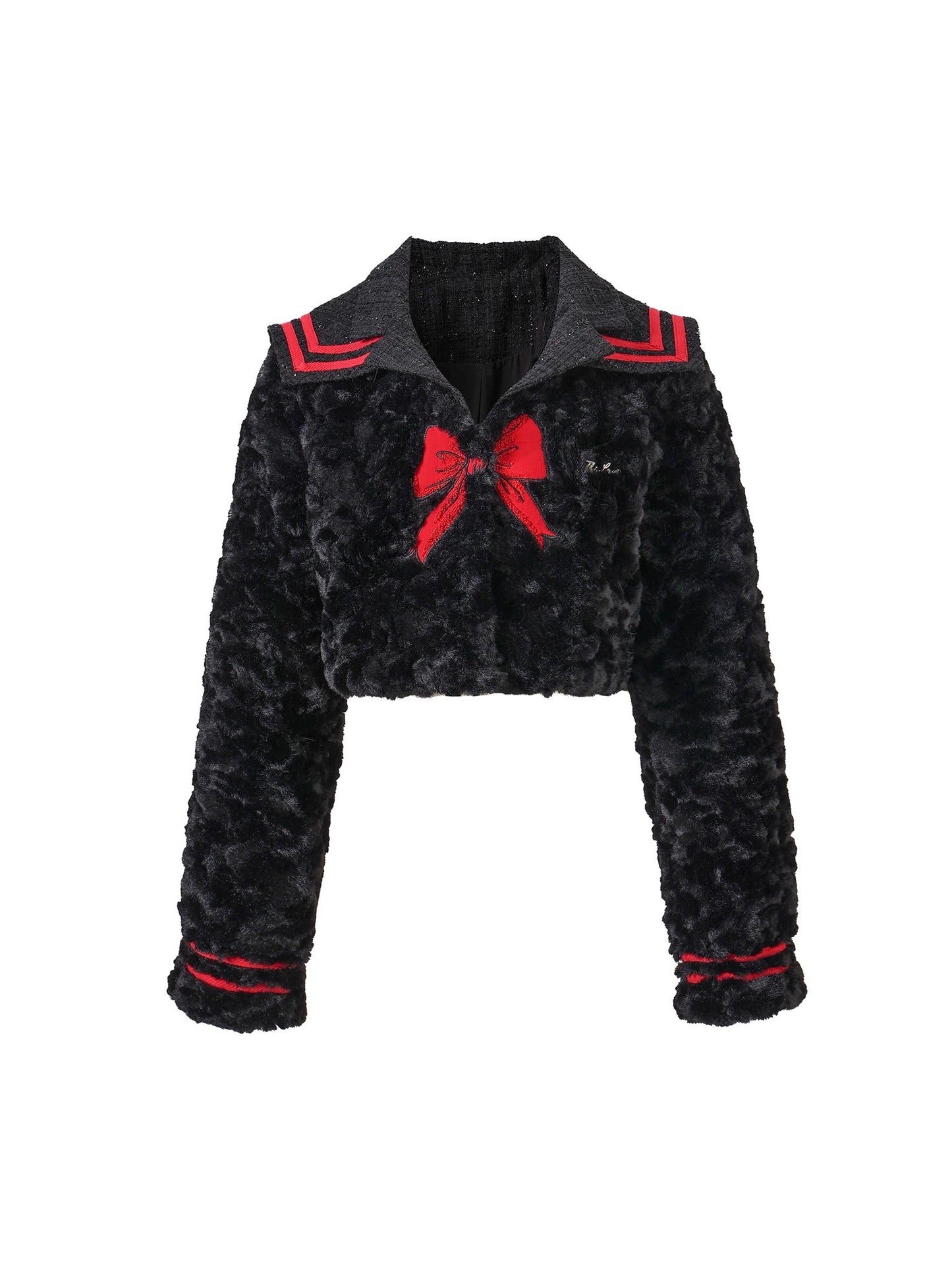 nu338 Black spliced fur lapel short jacket