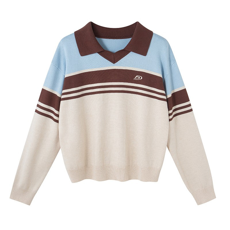 nu143 Polo collar retro striped sweater