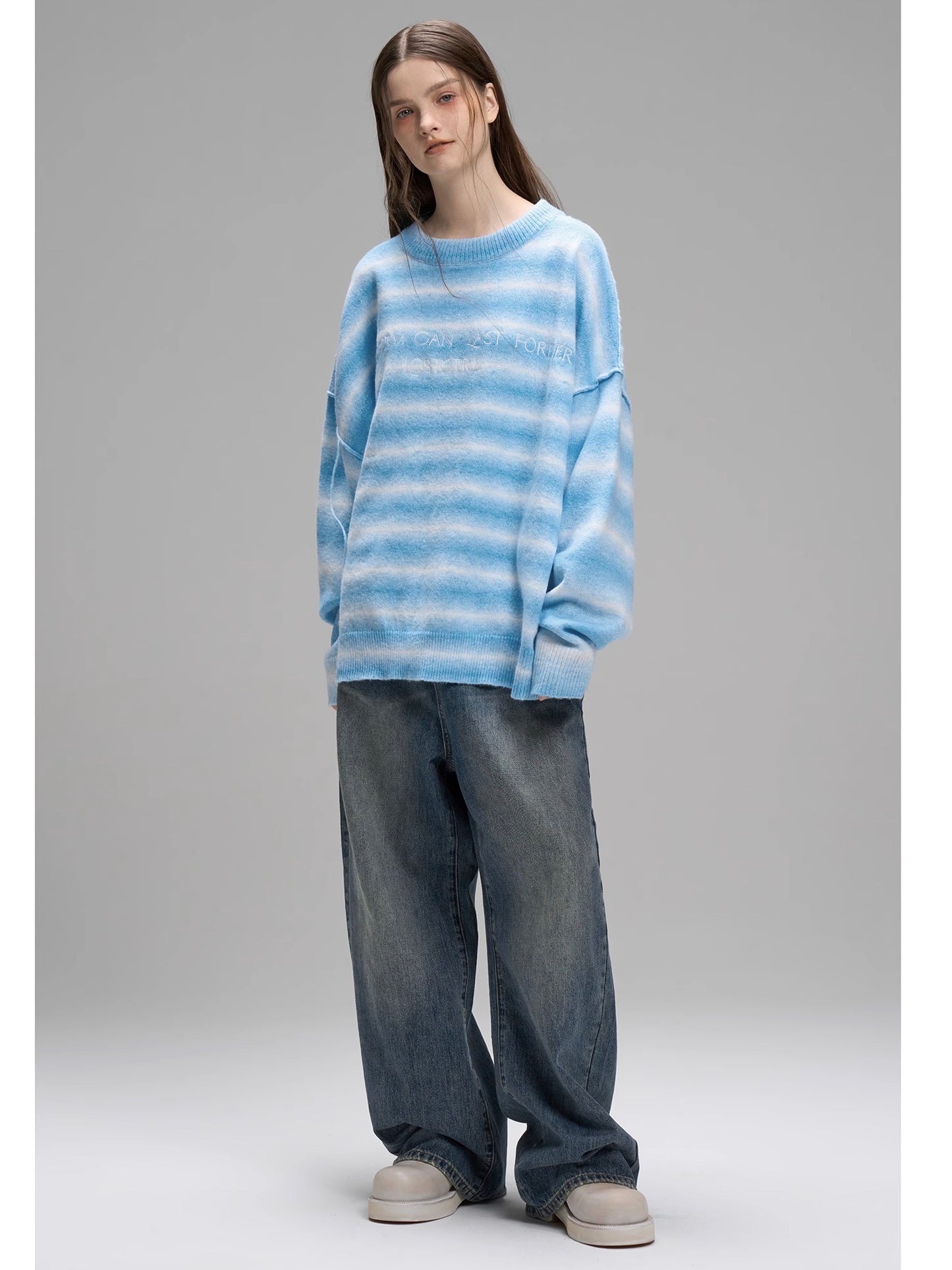 nu16 Blue Wave Loose round neck striped sweater