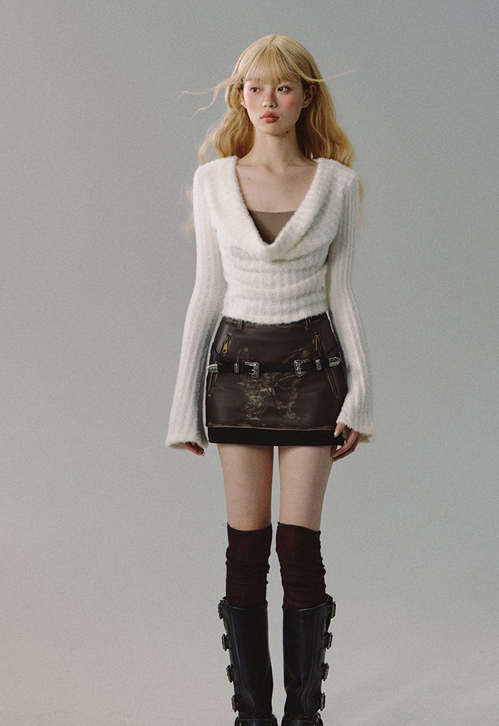 nu175 "Chestnut and Silk" irregular pile collar knitted top suspender two-piece set