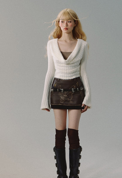 nu175 "Chestnut and Silk" irregular pile collar knitted top suspender two-piece set