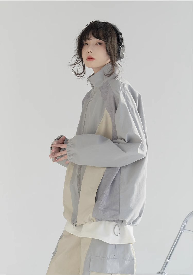 nu21 Patchwork contrasting stand collar jacket 