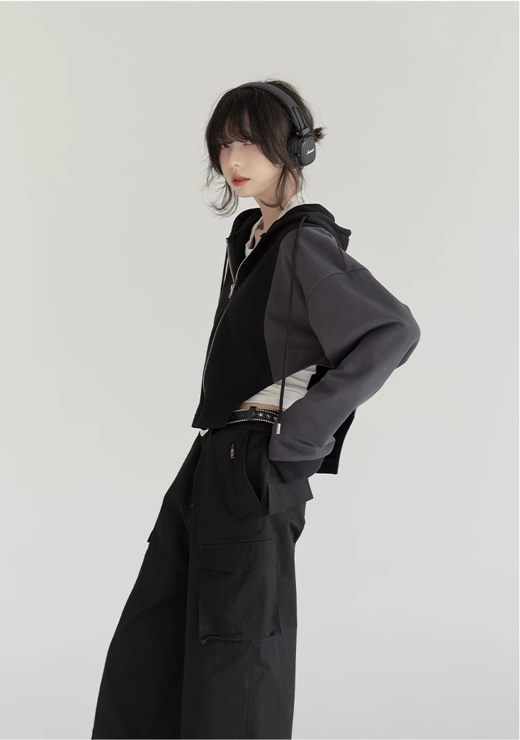 nu24 Patchwork Irregular Hem Line Hoodie 