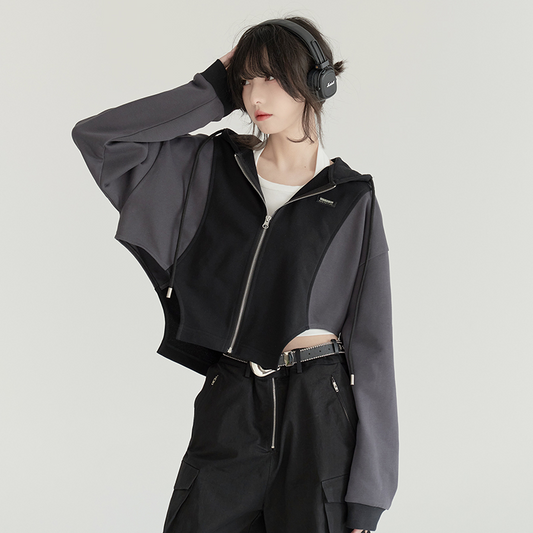 nu24 Patchwork Irregular Hem Line Hoodie 