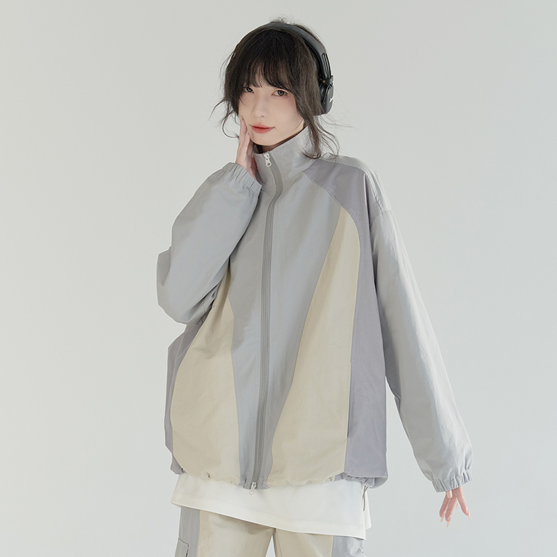 nu21 Patchwork contrasting stand collar jacket 